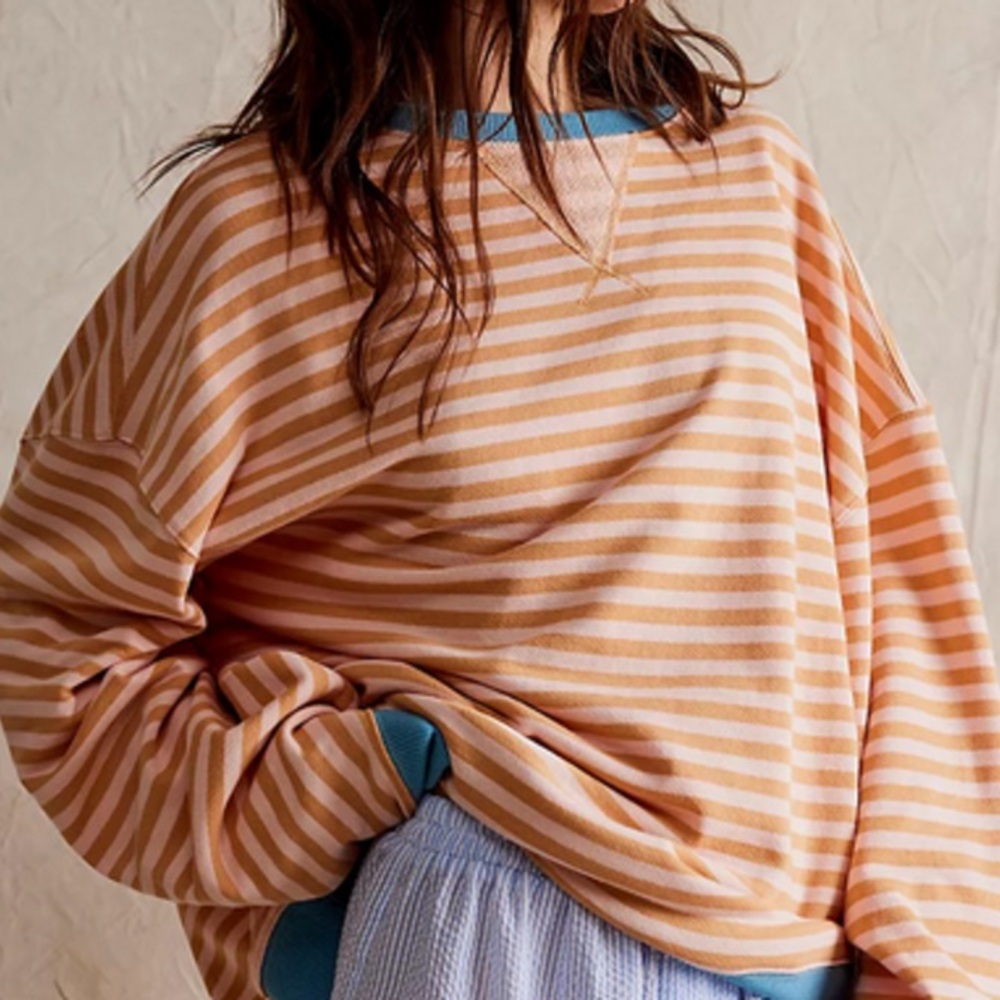 Sz S Free People We the Free Classic Striped Crew Latte Combo peach blue - Picture 8 of 10